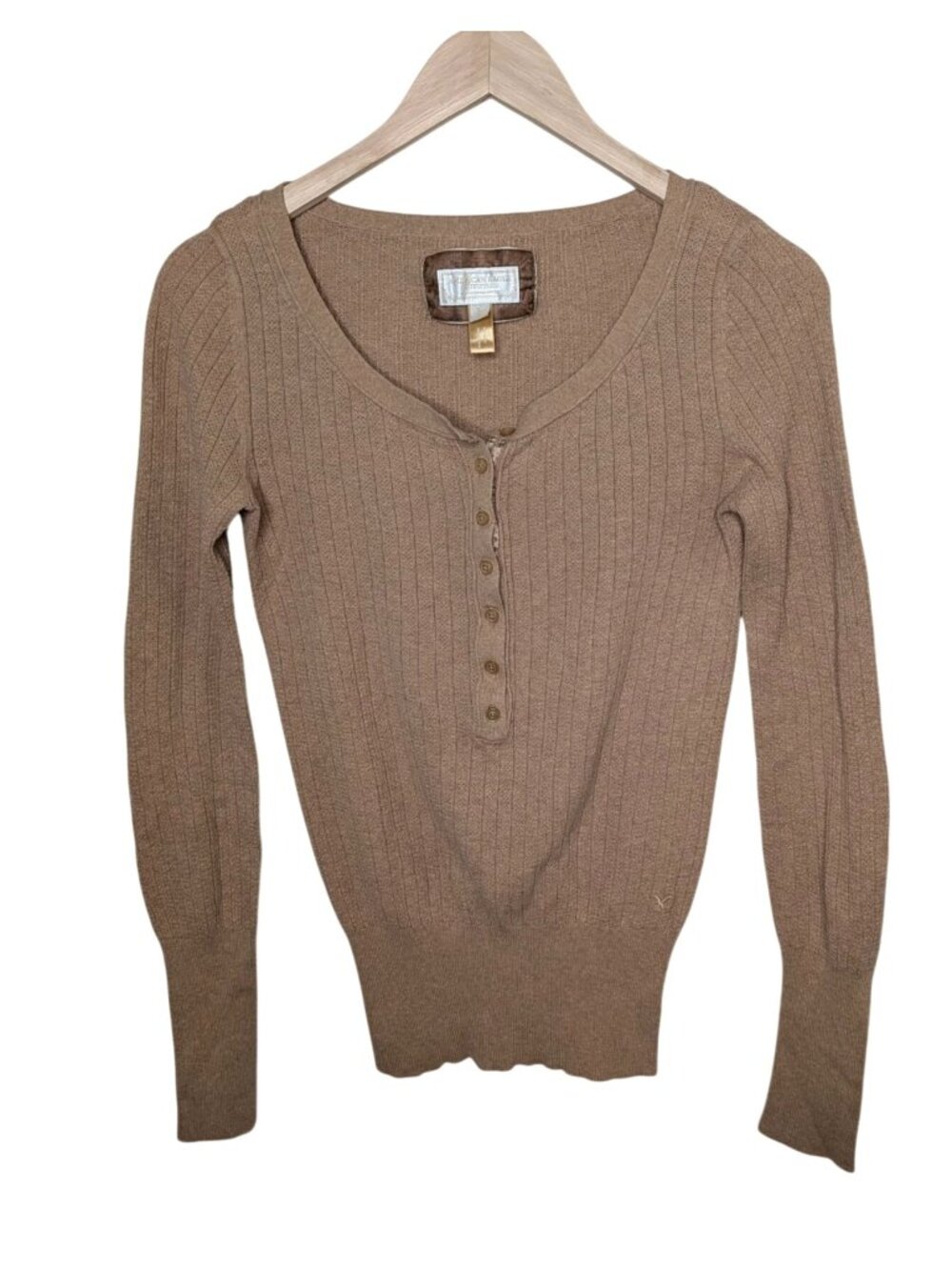 y2k vintage American Eagle womens Tan Ribbed Long Sleeve Henley Tee Large
